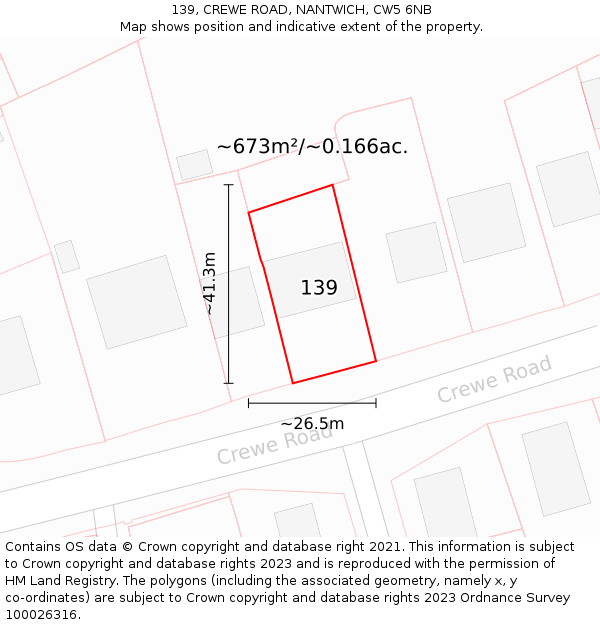 139, CREWE ROAD, NANTWICH, CW5 6NB: Plot and title map