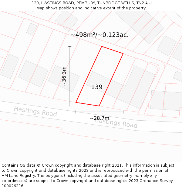 139, HASTINGS ROAD, PEMBURY, TUNBRIDGE WELLS, TN2 4JU: Plot and title map