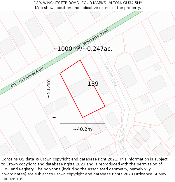 139, WINCHESTER ROAD, FOUR MARKS, ALTON, GU34 5HY: Plot and title map