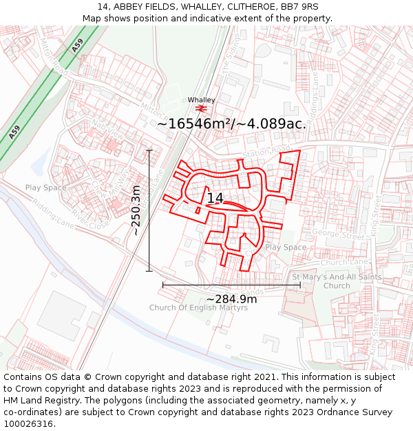 14, ABBEY FIELDS, WHALLEY, CLITHEROE, BB7 9RS: Plot and title map