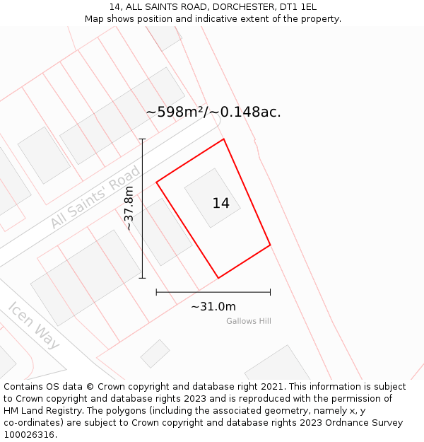 14, ALL SAINTS ROAD, DORCHESTER, DT1 1EL: Plot and title map