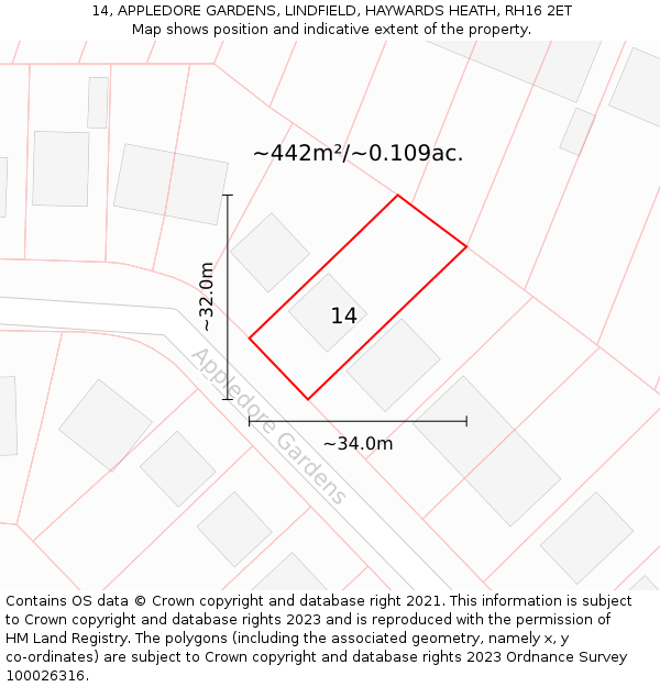 14, APPLEDORE GARDENS, LINDFIELD, HAYWARDS HEATH, RH16 2ET: Plot and title map