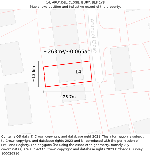 14, ARUNDEL CLOSE, BURY, BL8 1YB: Plot and title map