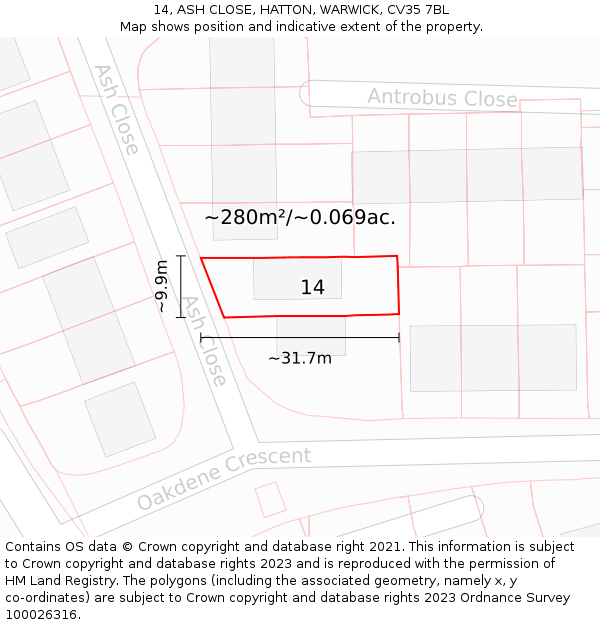 14, ASH CLOSE, HATTON, WARWICK, CV35 7BL: Plot and title map