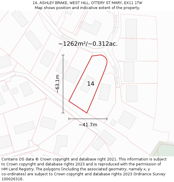 14, ASHLEY BRAKE, WEST HILL, OTTERY ST MARY, EX11 1TW: Plot and title map