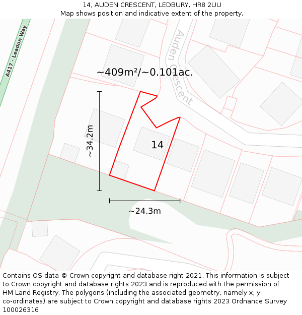 14, AUDEN CRESCENT, LEDBURY, HR8 2UU: Plot and title map