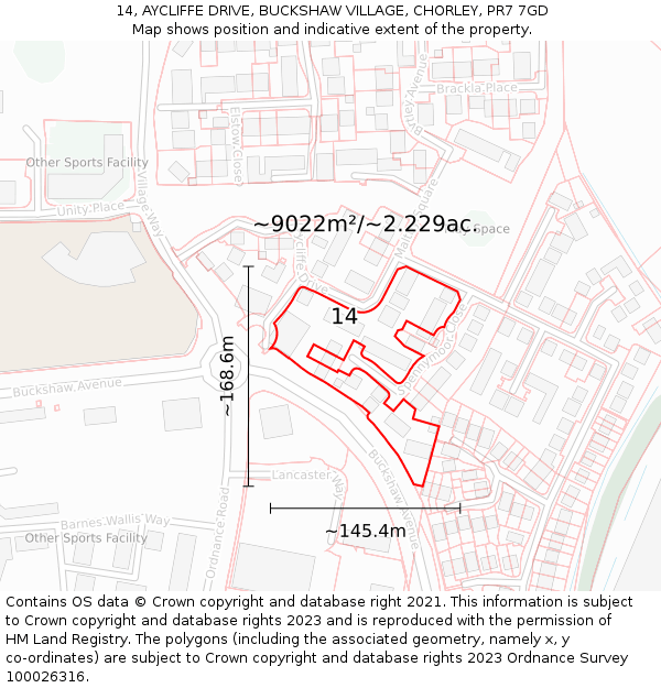 14, AYCLIFFE DRIVE, BUCKSHAW VILLAGE, CHORLEY, PR7 7GD: Plot and title map