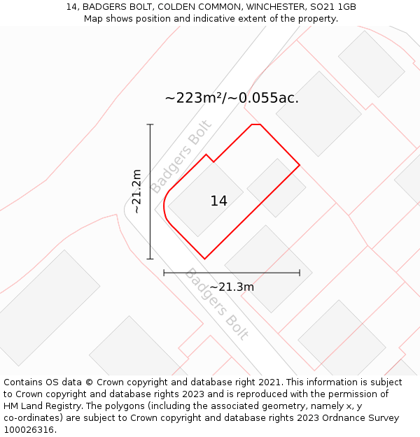 14, BADGERS BOLT, COLDEN COMMON, WINCHESTER, SO21 1GB: Plot and title map