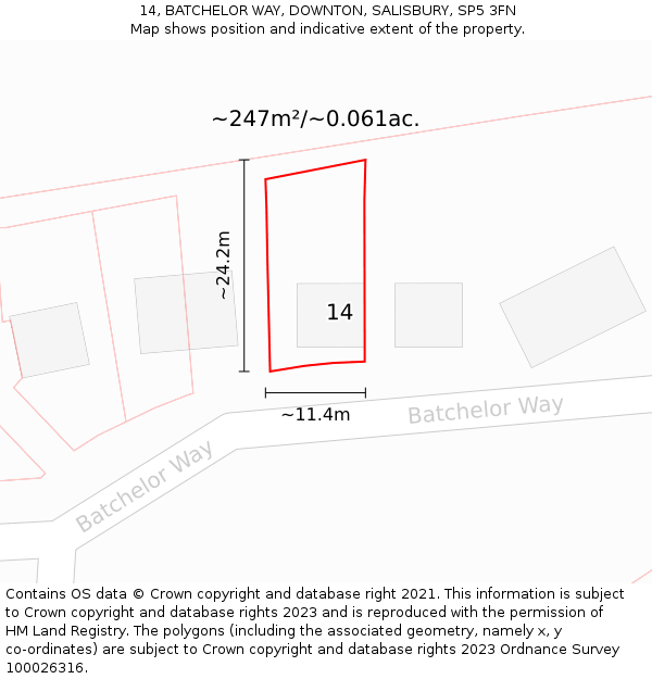 14, BATCHELOR WAY, DOWNTON, SALISBURY, SP5 3FN: Plot and title map