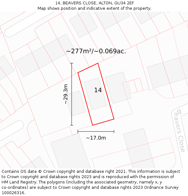 14, BEAVERS CLOSE, ALTON, GU34 2EF: Plot and title map