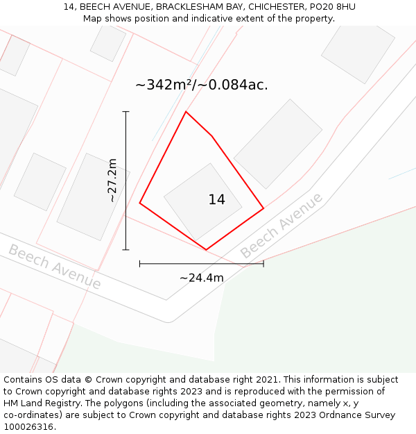 14, BEECH AVENUE, BRACKLESHAM BAY, CHICHESTER, PO20 8HU: Plot and title map