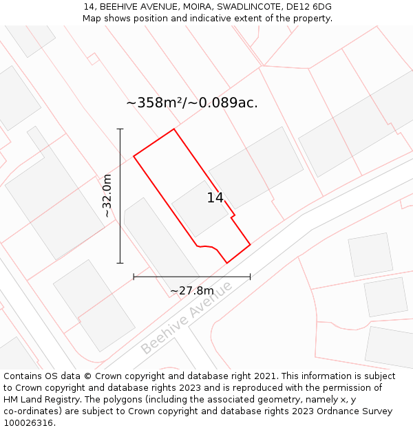 14, BEEHIVE AVENUE, MOIRA, SWADLINCOTE, DE12 6DG: Plot and title map