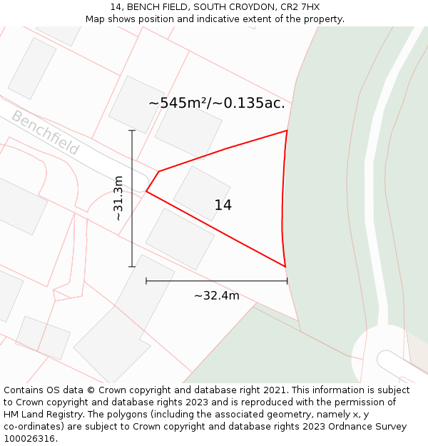 14, BENCH FIELD, SOUTH CROYDON, CR2 7HX: Plot and title map