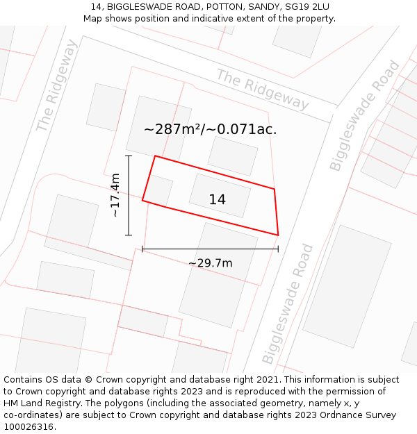 14, BIGGLESWADE ROAD, POTTON, SANDY, SG19 2LU: Plot and title map