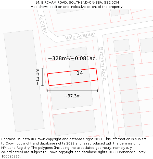 14, BIRCHAM ROAD, SOUTHEND-ON-SEA, SS2 5DN: Plot and title map