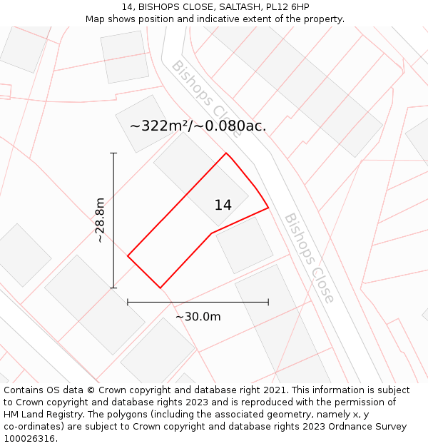 14, BISHOPS CLOSE, SALTASH, PL12 6HP: Plot and title map