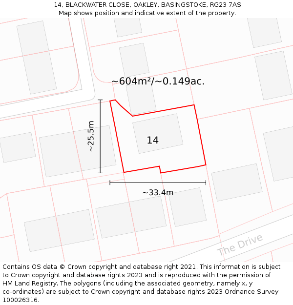 14, BLACKWATER CLOSE, OAKLEY, BASINGSTOKE, RG23 7AS: Plot and title map