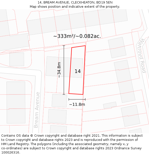 14, BREAM AVENUE, CLECKHEATON, BD19 5EN: Plot and title map