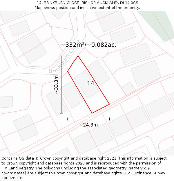 14, BRINKBURN CLOSE, BISHOP AUCKLAND, DL14 0SS: Plot and title map