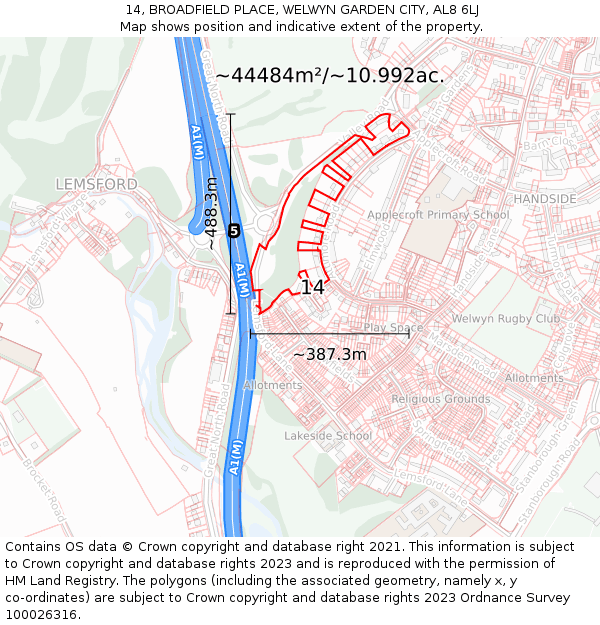 14, BROADFIELD PLACE, WELWYN GARDEN CITY, AL8 6LJ: Plot and title map