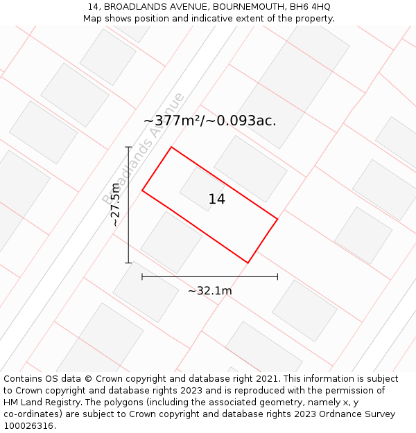 14, BROADLANDS AVENUE, BOURNEMOUTH, BH6 4HQ: Plot and title map