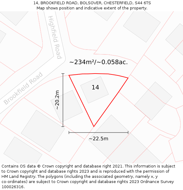 14, BROOKFIELD ROAD, BOLSOVER, CHESTERFIELD, S44 6TS: Plot and title map