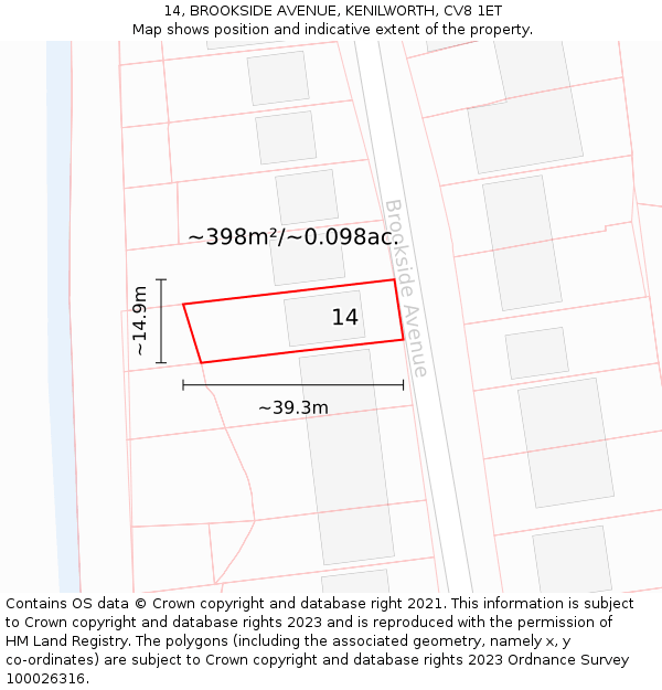 14, BROOKSIDE AVENUE, KENILWORTH, CV8 1ET: Plot and title map