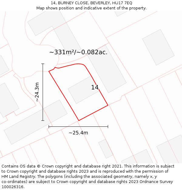 14, BURNEY CLOSE, BEVERLEY, HU17 7EQ: Plot and title map