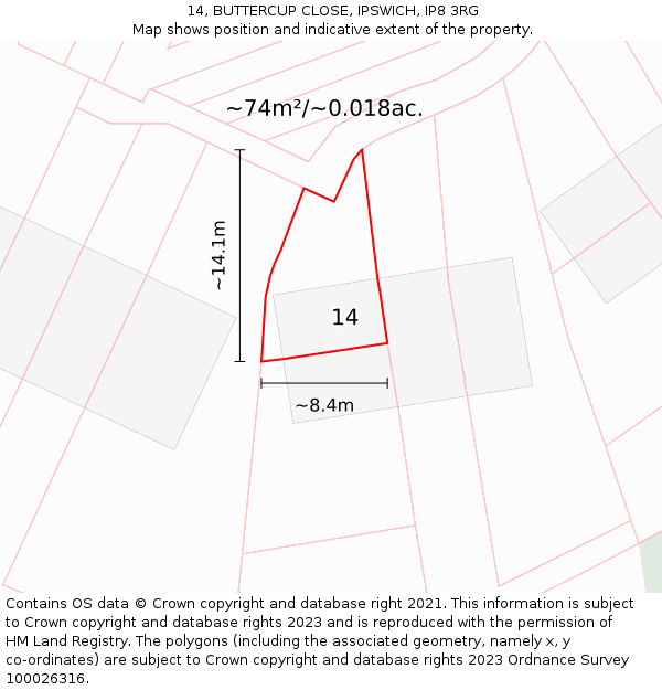 14, BUTTERCUP CLOSE, IPSWICH, IP8 3RG: Plot and title map