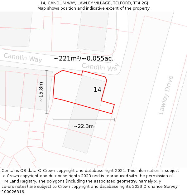 14, CANDLIN WAY, LAWLEY VILLAGE, TELFORD, TF4 2GJ: Plot and title map