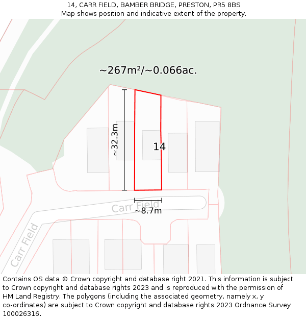 14, CARR FIELD, BAMBER BRIDGE, PRESTON, PR5 8BS: Plot and title map