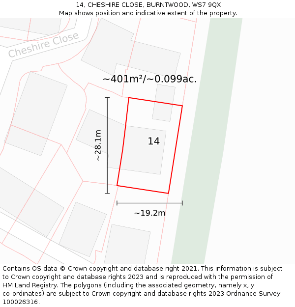 14, CHESHIRE CLOSE, BURNTWOOD, WS7 9QX: Plot and title map