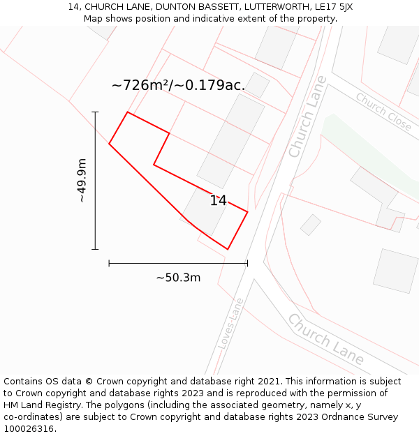 14, CHURCH LANE, DUNTON BASSETT, LUTTERWORTH, LE17 5JX: Plot and title map