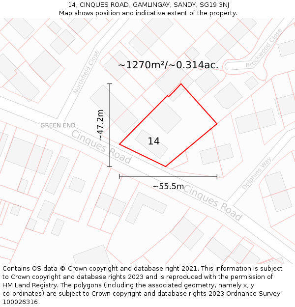 14, CINQUES ROAD, GAMLINGAY, SANDY, SG19 3NJ: Plot and title map