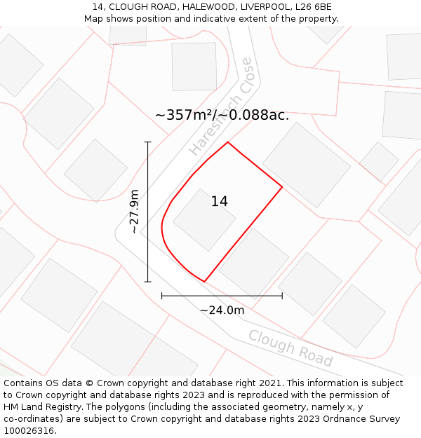 14, CLOUGH ROAD, HALEWOOD, LIVERPOOL, L26 6BE: Plot and title map