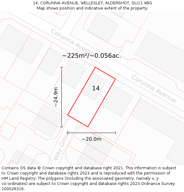 14, CORUNNA AVENUE, WELLESLEY, ALDERSHOT, GU11 4BG: Plot and title map