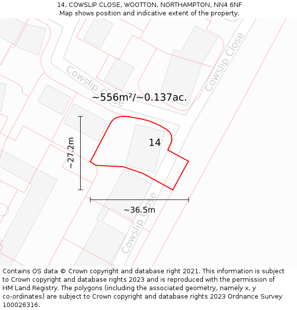 14, COWSLIP CLOSE, WOOTTON, NORTHAMPTON, NN4 6NF: Plot and title map