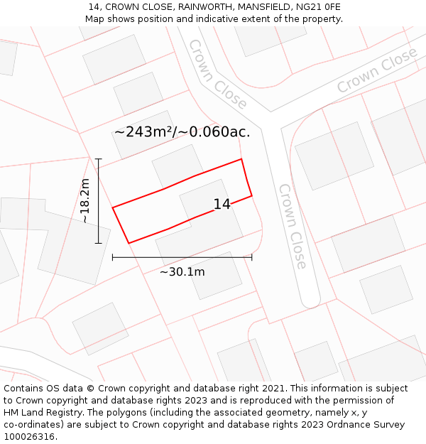 14, CROWN CLOSE, RAINWORTH, MANSFIELD, NG21 0FE: Plot and title map