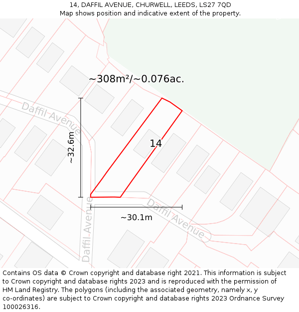 14, DAFFIL AVENUE, CHURWELL, LEEDS, LS27 7QD: Plot and title map