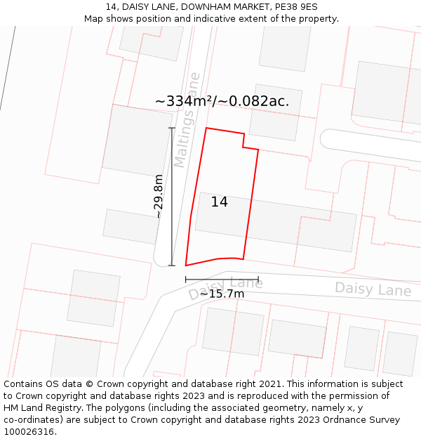 14, DAISY LANE, DOWNHAM MARKET, PE38 9ES: Plot and title map