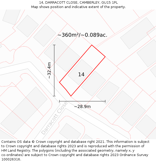 14, DARRACOTT CLOSE, CAMBERLEY, GU15 1PL: Plot and title map