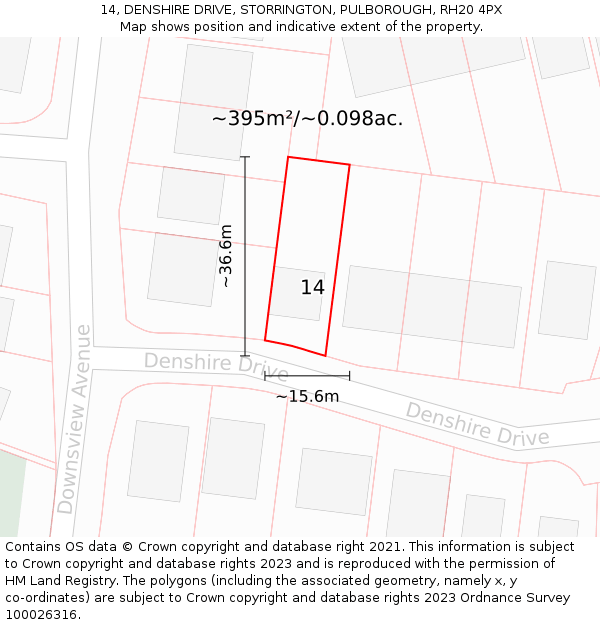 14, DENSHIRE DRIVE, STORRINGTON, PULBOROUGH, RH20 4PX: Plot and title map