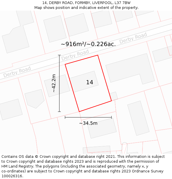 14, DERBY ROAD, FORMBY, LIVERPOOL, L37 7BW: Plot and title map