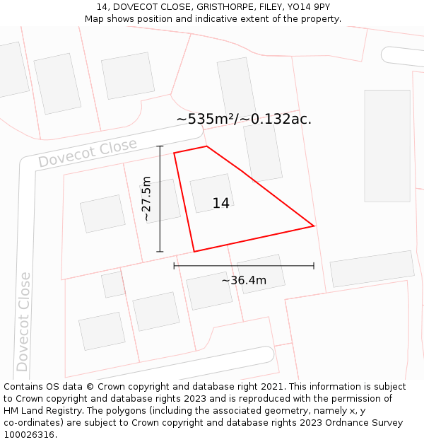 14, DOVECOT CLOSE, GRISTHORPE, FILEY, YO14 9PY: Plot and title map