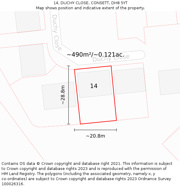 14, DUCHY CLOSE, CONSETT, DH8 5YT: Plot and title map