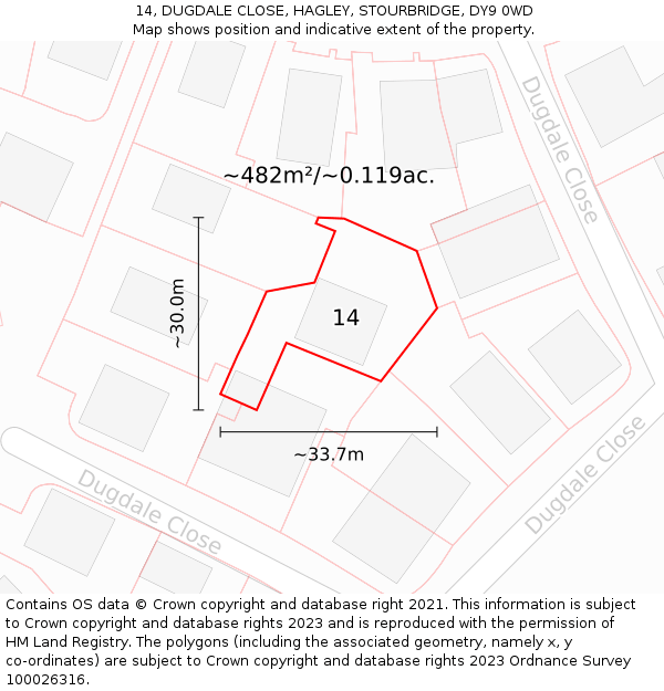 14, DUGDALE CLOSE, HAGLEY, STOURBRIDGE, DY9 0WD: Plot and title map