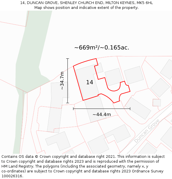 14, DUNCAN GROVE, SHENLEY CHURCH END, MILTON KEYNES, MK5 6HL: Plot and title map