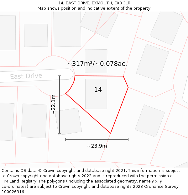 14, EAST DRIVE, EXMOUTH, EX8 3LR: Plot and title map