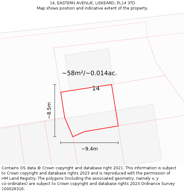 14, EASTERN AVENUE, LISKEARD, PL14 3TD: Plot and title map