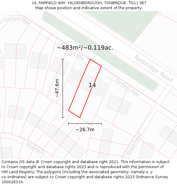 14, FAIRFIELD WAY, HILDENBOROUGH, TONBRIDGE, TN11 9ET: Plot and title map